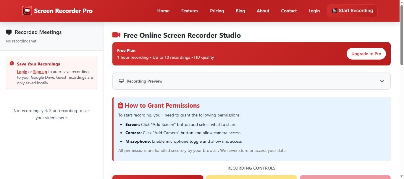 Screen Recorder Pro browser interface showing the free recording studio, Free Plan limits, recording preview and permission steps