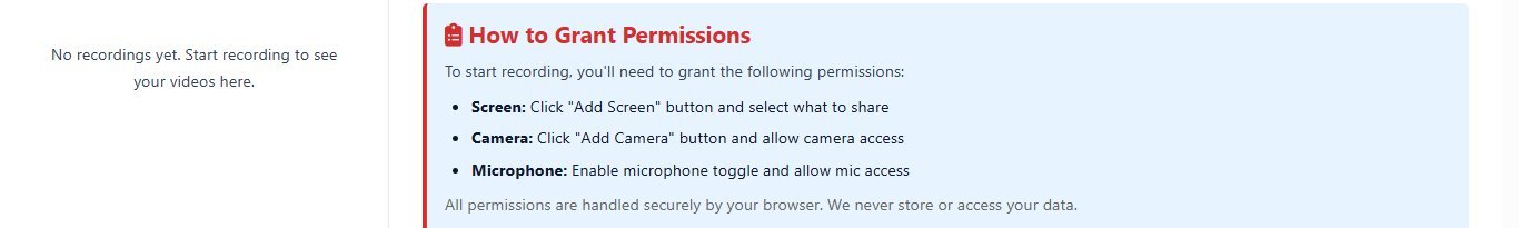 The How to Grant Permissions panel in Screen Recorder Pro showing the screen, camera and microphone steps