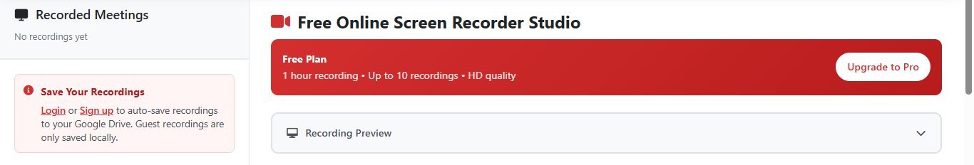Screen Recorder Pro studio interface showing the Free Plan limits, recording preview and save options